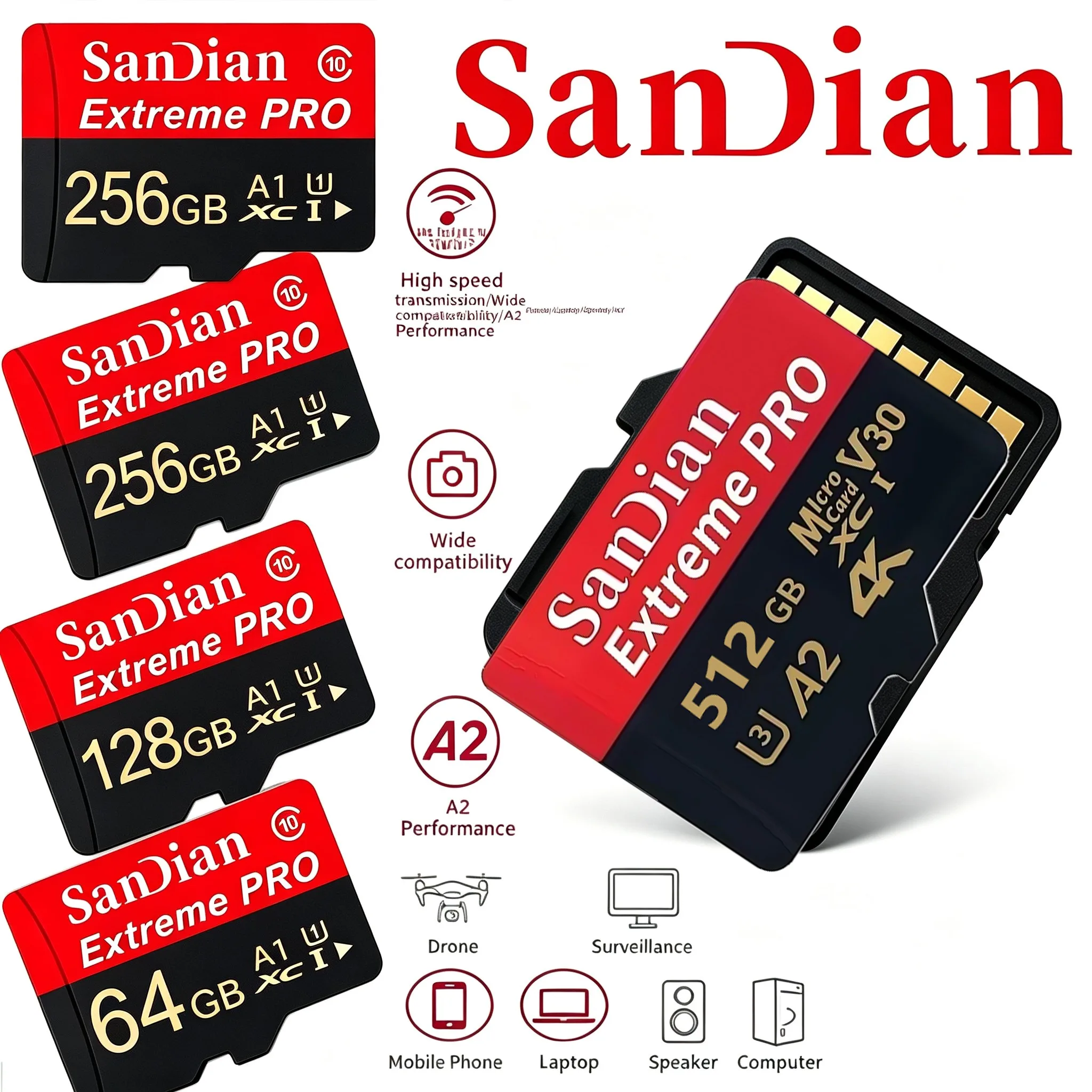 Micro TF SD Card Memory Card TF Cards SD Cards 32GB 64GB 128GB 256GB A1 4K Ultra HD Ultra HD Fast Transfer Waterproof for PC