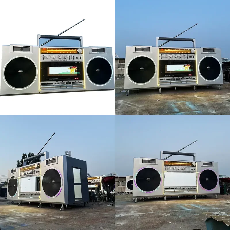 Vintage Tape Recorder Style Mobile Cart Multi Function Metal Wood Serving Trolley for Cafe Bar Outdoor Cold Drink Stall