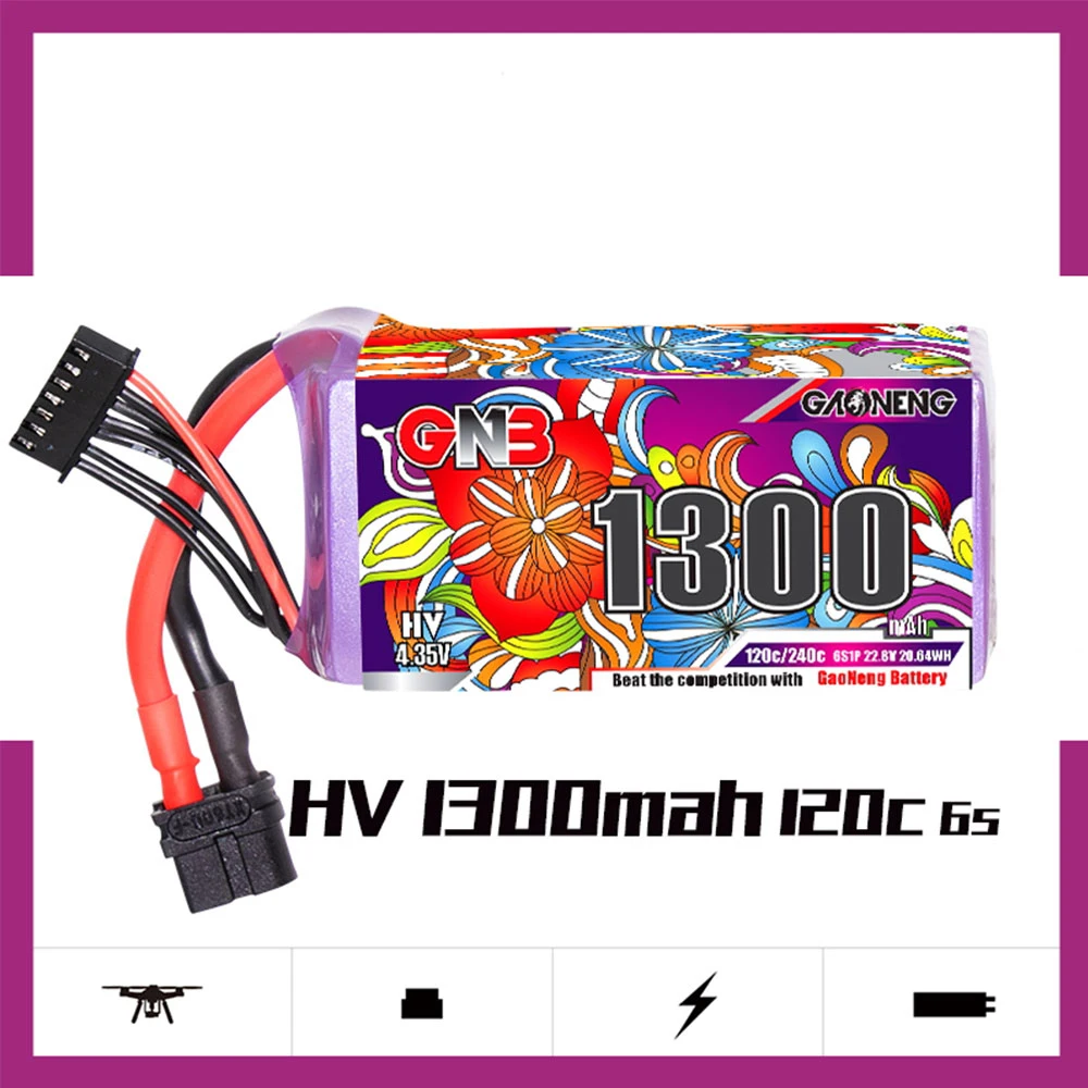 

GAONENG GNB 6S 22.8V 1300mAh HV 120C LiPo Battery XT60 Plug for GEPRC MARK5 Nazgul5 Evoque F5D F5 F6 FPV Racing Drone