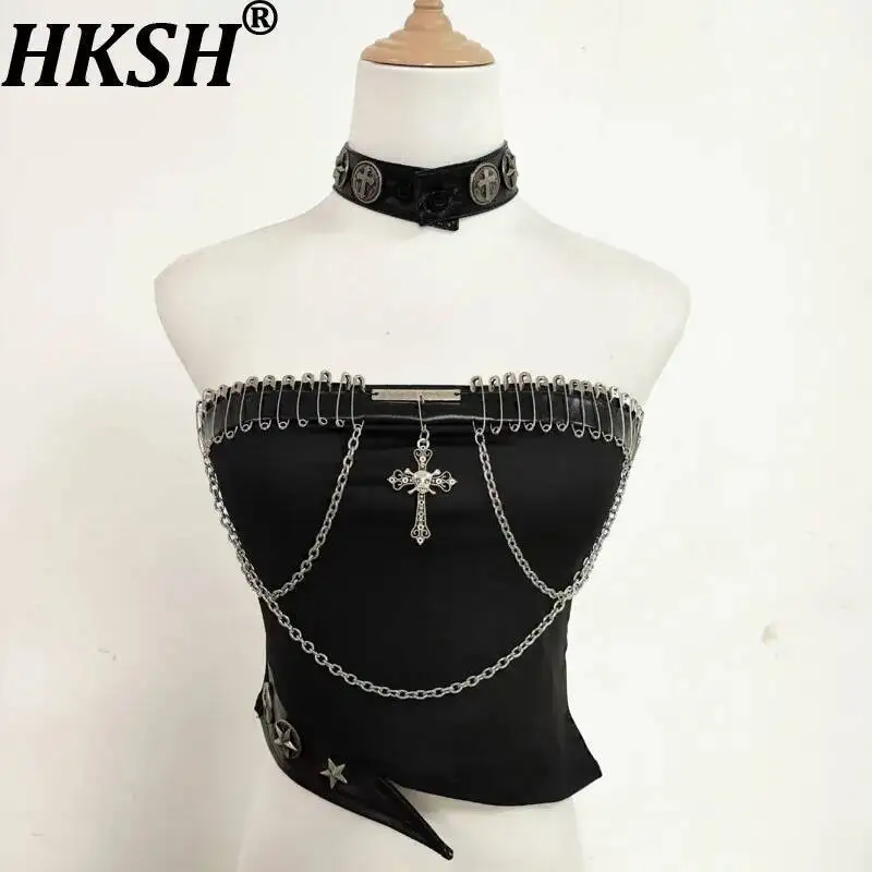 HKSH Women Strapless Vest Gothic Punk Hot Girl PU Leather Patchwork Chains Needle Irregular Sexy Stylish Slim Top Summer HK23976