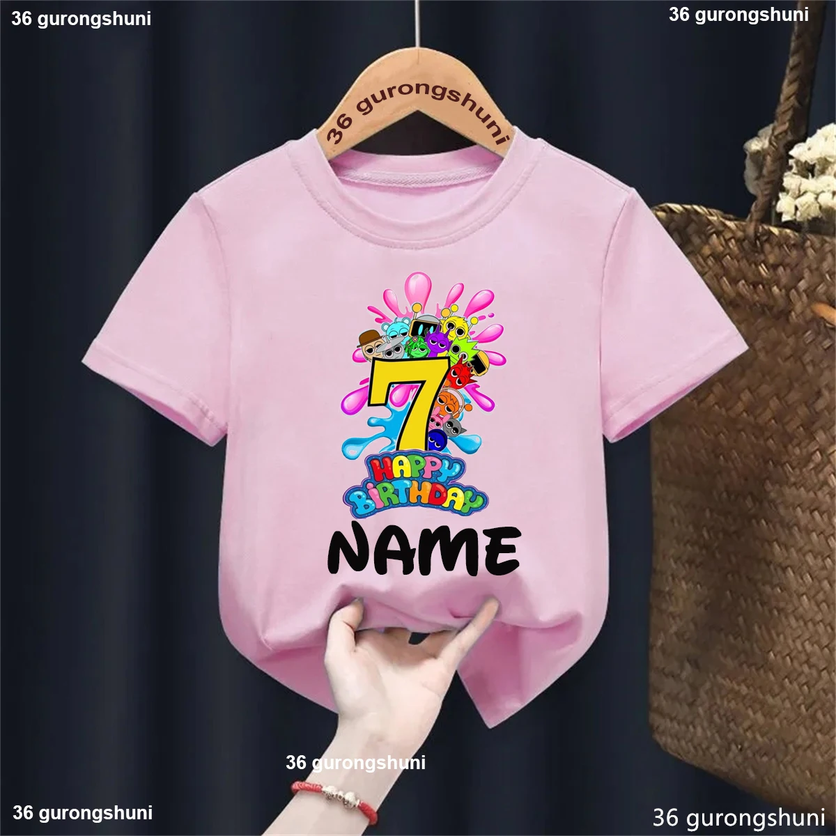 Buntes 7th Happy Birthday Game Sprunki bedrucktes T-Shirt für Mädchen/Jungen, individueller Name, Geburtstagsfeier, Kinderkleidung, Sommer-T-Shirt