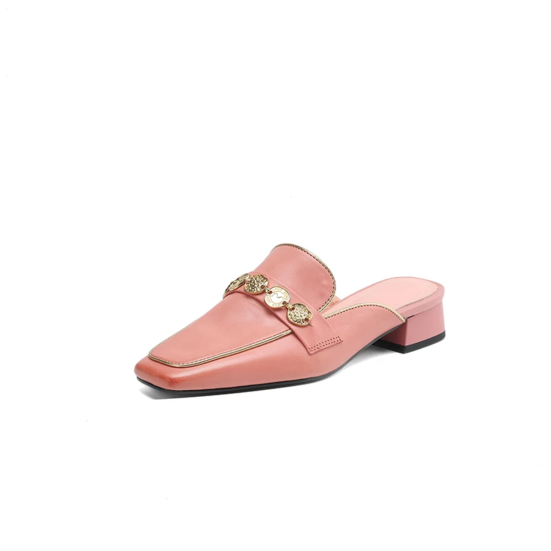 

Minimalist Genuine Leather Slides 3cm Chunky Heel Square Toe Stitching Rivet Chain Beige Pink Women Casual