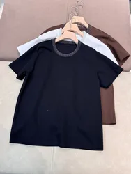 Exquisitely trimmed wide short sleeved round neck short sleeved T-shirt