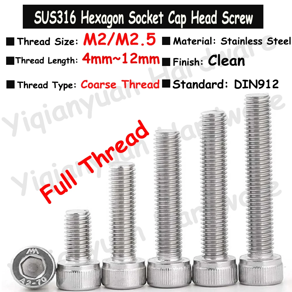 

20Pcs Yiqianyuan M2 M2.5 DIN912 SUS316 Stainless Steel Hexagon Socket Knurled Cap Head Screws Allen Key Bolts with Full Thread