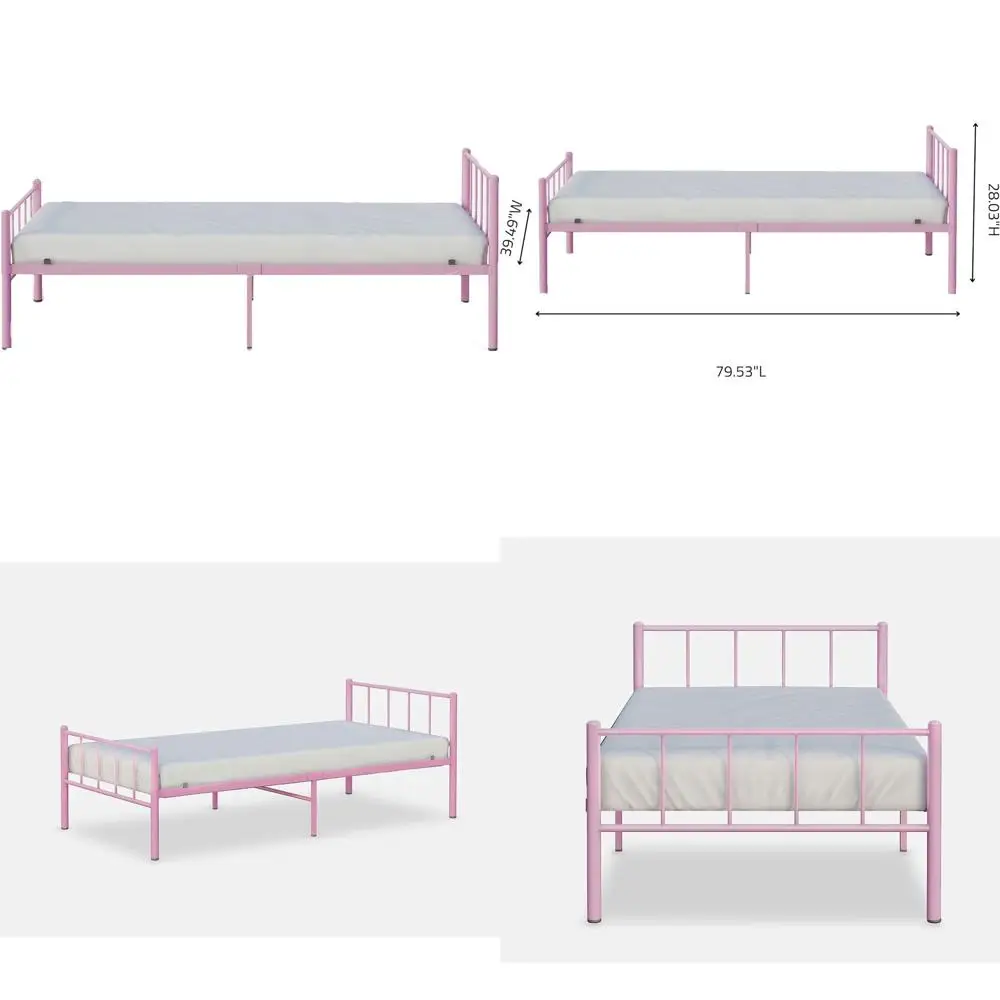 

Twin Size Metal Bed Frame for Kids, Pink, No Box Spring Needed