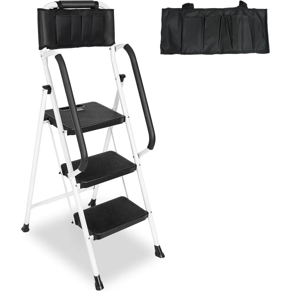 Ladder with Handrails & Attachable Tool Bag, 500 lbs Capacity Step Stool, Wide Non-Slip Pedal for Kitchen Pantry or Home Office,