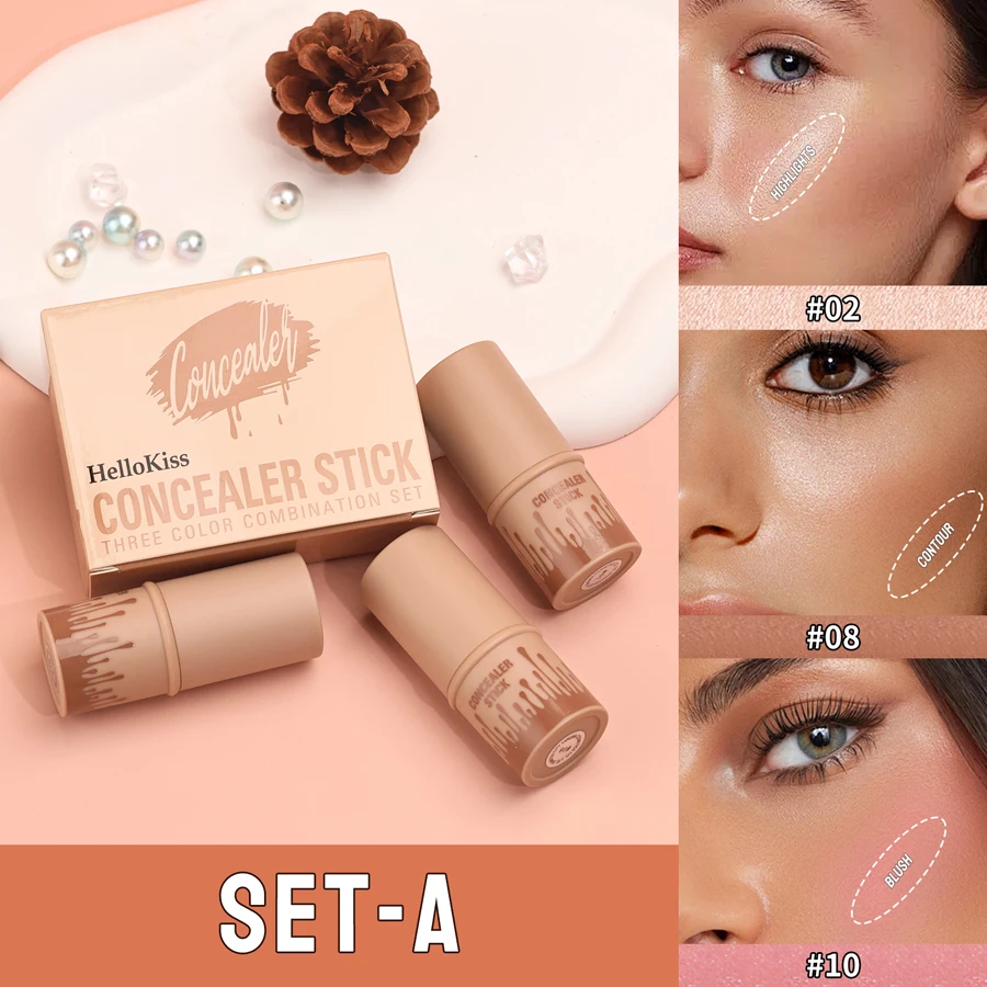 Bâton correcteur hydratant, 3 pièces, lisse et durable, ombre de nez 3D, imperméable, reflets du visage, poudre éclaircissante, fard à joues