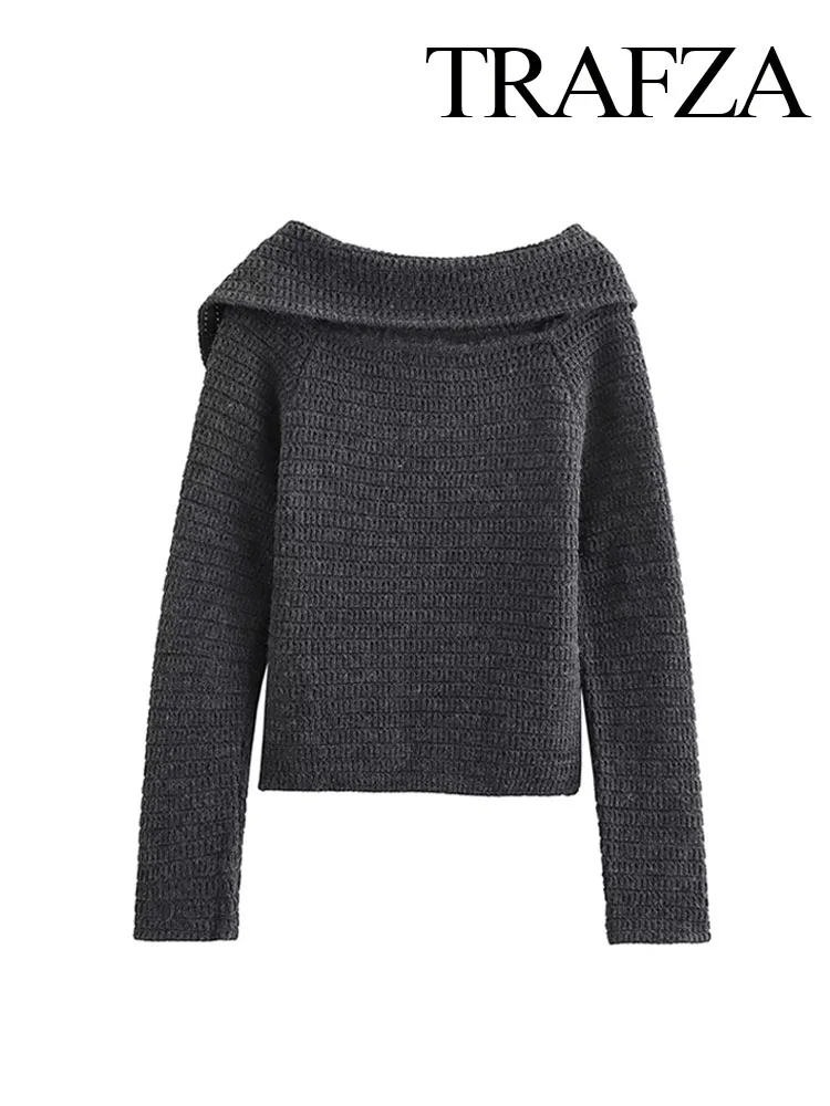 TRAFZA Women Fashion Coat Solid Turn-Down Collar Long Sleeves Single Breasted Knitted TopsFemale Autumn Casual Slim Cardigan