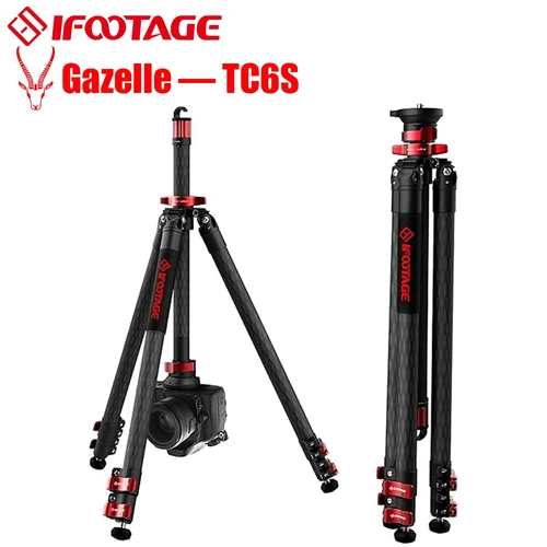 Ifootage-プロフェッショナルカメラ三脚、gazelle tc6s、65インチ、カーボンファイバービデオ三脚、センターポール付き3セクション、最大負荷17.6ポンド