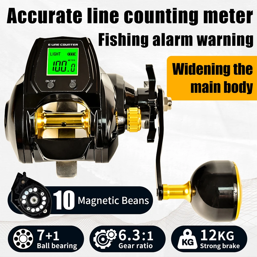 

6.3:1 Digital Fishing Baitcasting Reel With Accurate Line Counter 7+1BB Large Display Bite Alarm Counting Reels Magnetic Brake