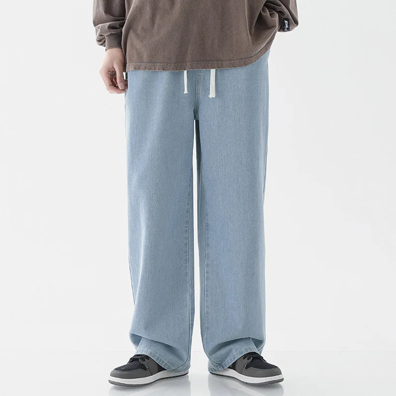 2026 Summer New Men's Baggy Drawstring Denim Pants Korean Fashion Solid Color Simple Casual Wide Leg Pants Japan Streetwear