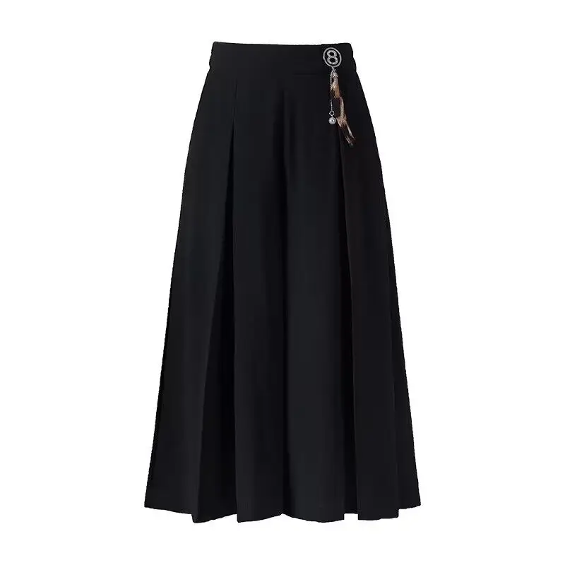 2023 New Summer Fashion Pleated Solid Color Elastic Waist Wide Leg Pants Ladies Simplicity Loose Calf-Length Pants Women Clothes