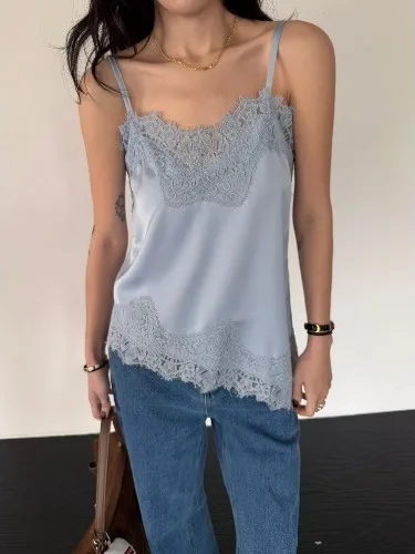 Sexy Chic Comfortable Lace Satin Base Small Strap Vest Top Women's Fashion Daily New Arrival Versatile Inner Wear Polyester F...