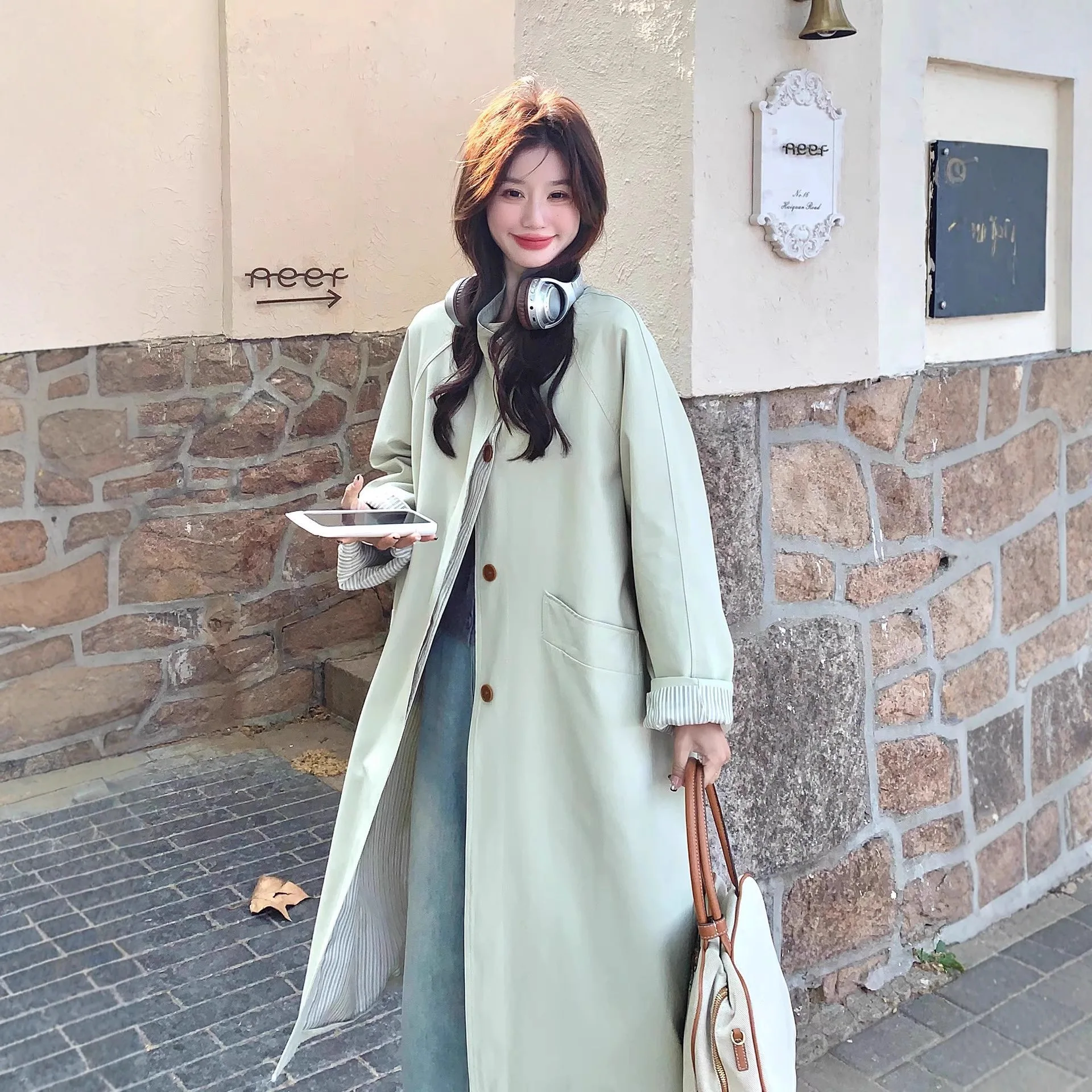 

SuperAen Green Korean-style Simple Casual Trench Coat for Women 2026 Autumn New Design Fashion Long Loose Coats