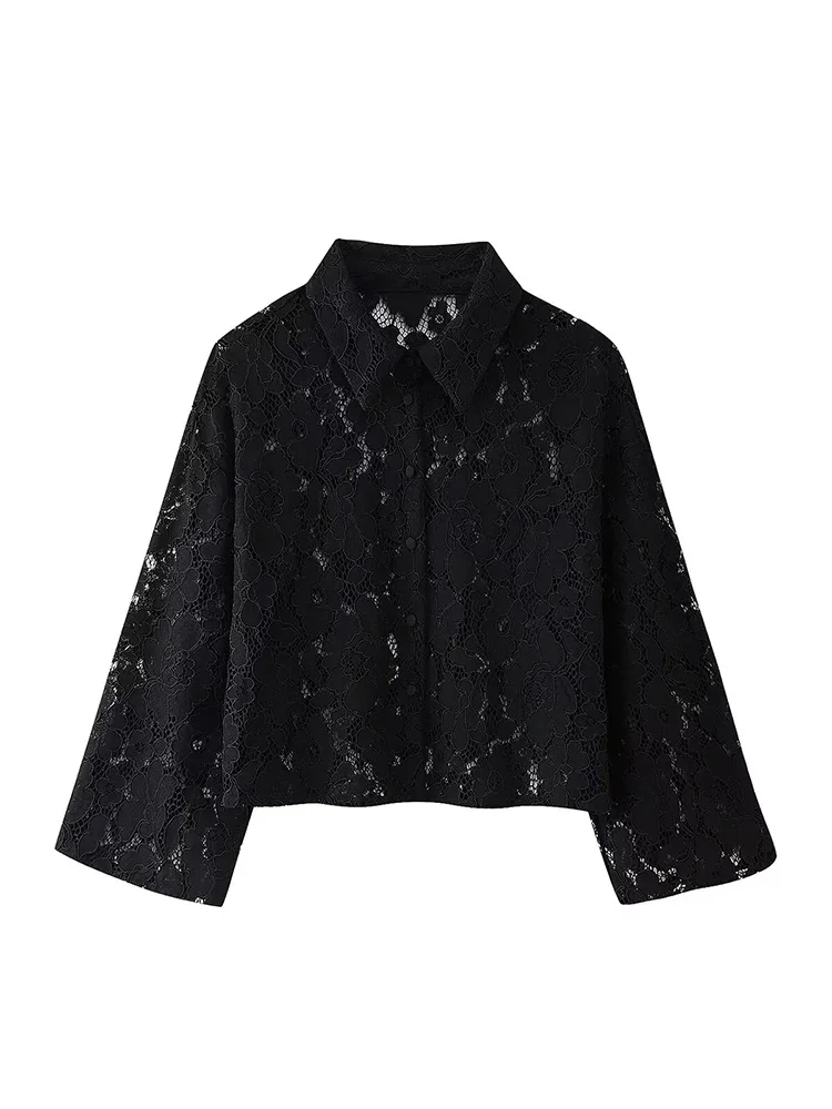 

LIBIELIY TRAF2024 European And American Style Autumn And Winter New Black Lace Embroidery Short Shirt Fashionable Long Sleeves