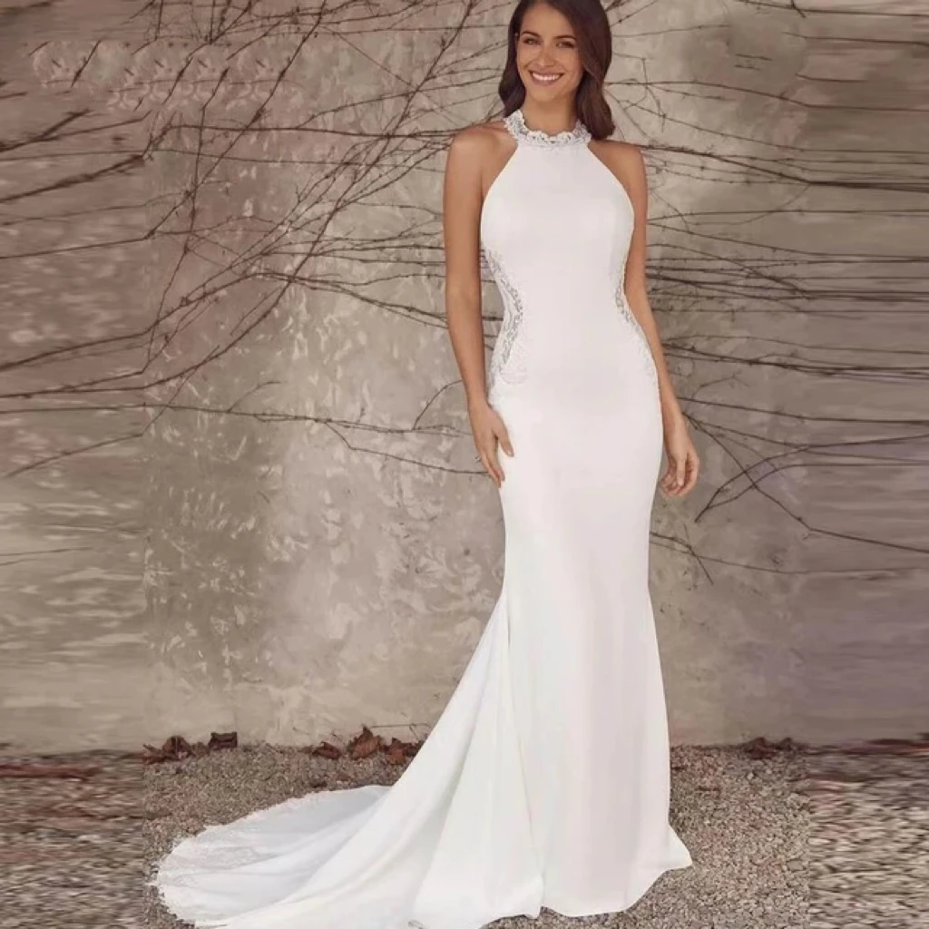 

LISER Elegant Mermaid Wedding Dresses 2024 Backless Lace Appliques Bridal Gowns Sleeveless Sweep Train Satin finish