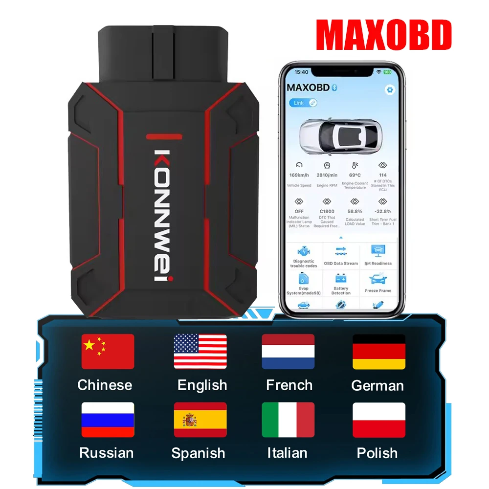 Многофункциональный диагностический сканер KONNWEI MAXOBD для автомобилей: полная диагностика системы, тестирование аккумулятора, мониторинг автомобиля, считывание кодов OBD2, автосканер.