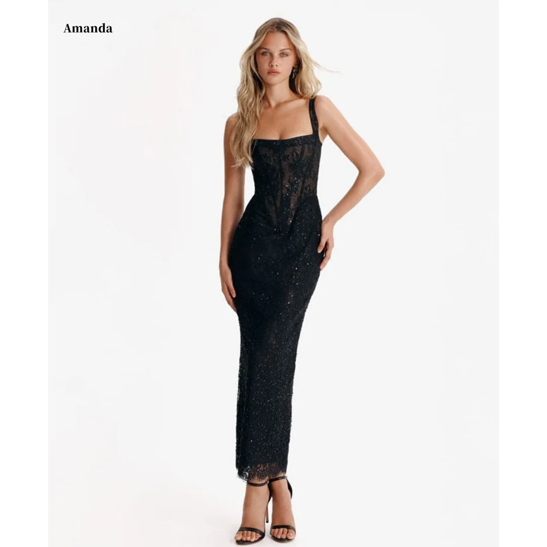 

Amanda Black Square Neck Spaghetti Strap Sequin Mesh Customized Formal Evening Fitted Floor-Length Gown vestidos de gala 2025