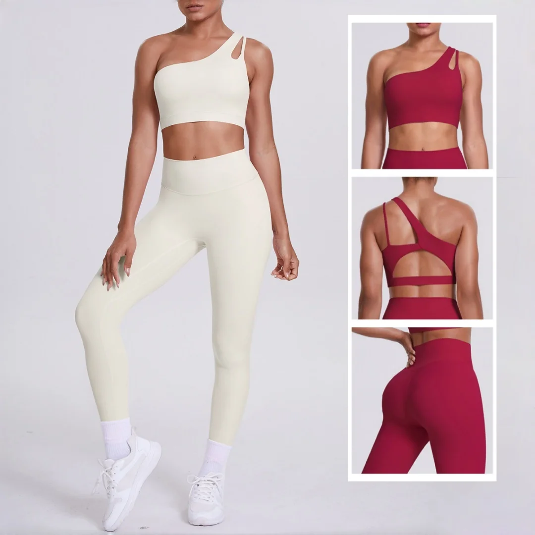 

High Waist Hip Lift Yoga Suit Backless Single Shoulder Sports Bra Pants Set Running Workout Clothing Gym Two-Piece Set for Women