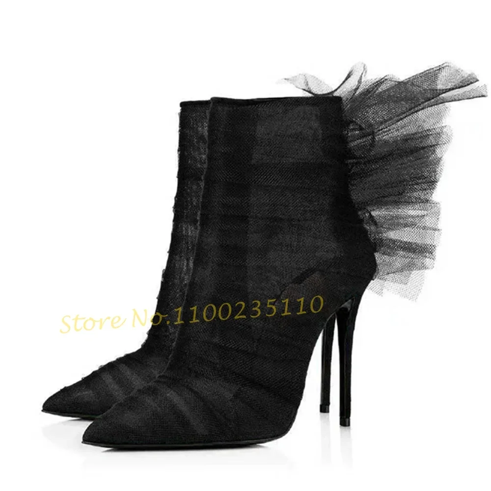 Mesh Trim Elegant Ankle Boots Female Butterfly 2022 Newest High Stiletto Heels Nubuck Shoes Flower Patchwork Party Designe Women