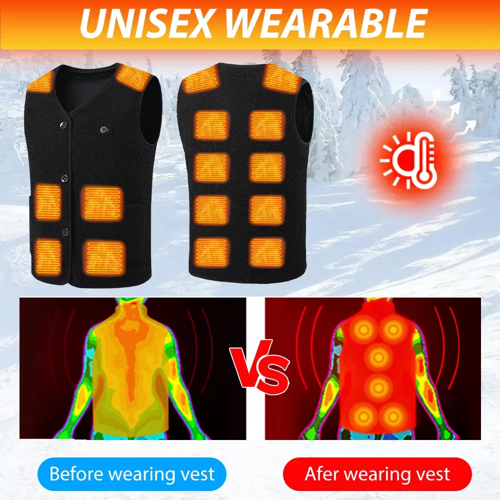 16 Areas Heated Vest Teddy Velvet V-neck for Men Women USB Electric Temperature Control Vest 3-speed Adjustable Heating Jacket