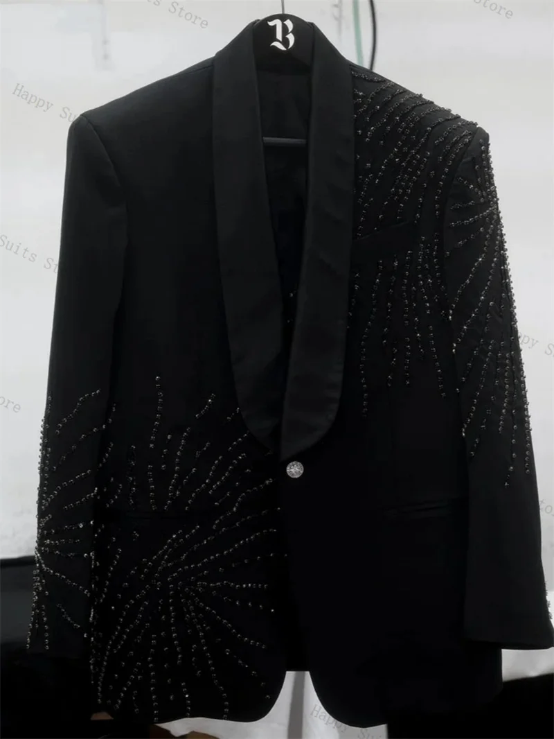 

Black Beaded Men Suit Set 2 Pieces Blazer+Pants Trousers One Button Cotton Coat Wedding Tuxedo Formal Office Customized Jacket