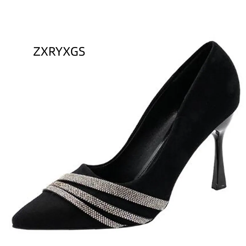 ZXRYXGS 2024 Autumn New Suede Pointed Rhinestone Fashion Pumps Women's Black Shoes Sexy Thin with High Heel Shoes 5 / 7 / 9 Cm