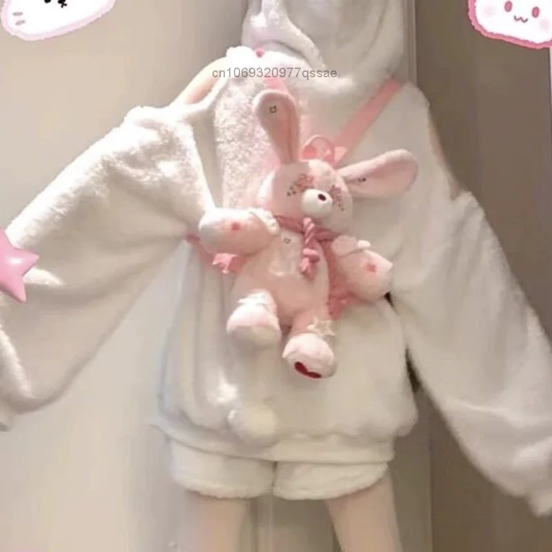 Y2k Homemade Cute Pink Fuzzy Bunny with Star Eyes for Girls Trendy Punk Style Plush Mini Backpack Embroidered Sweet Hemp Rope Doll