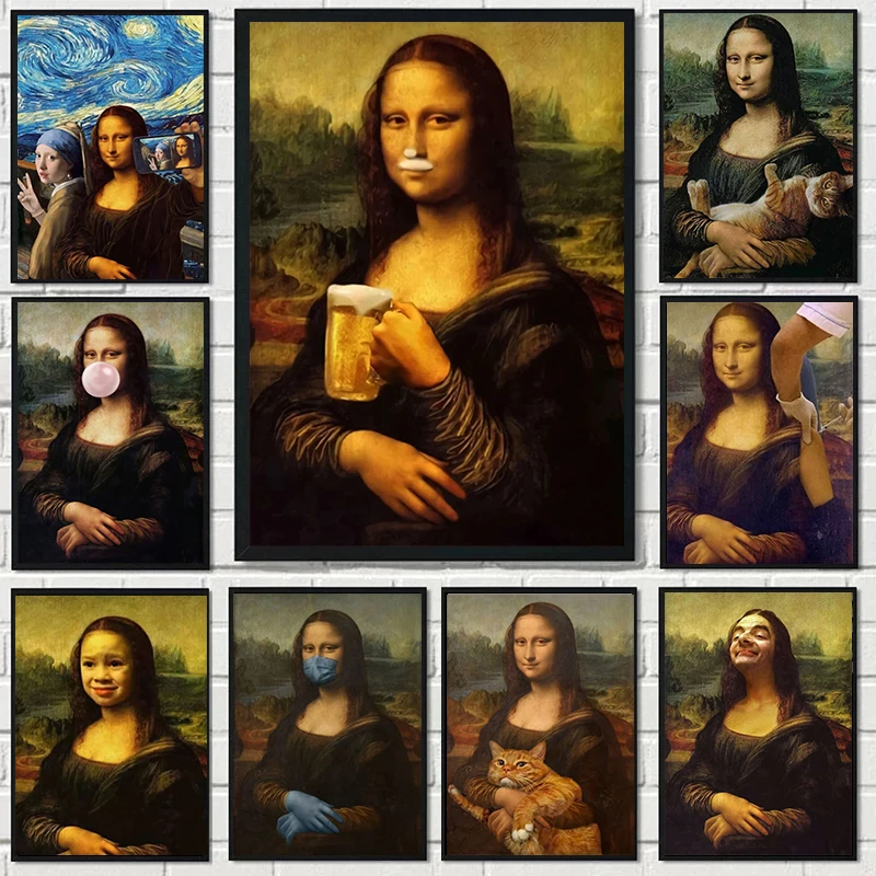 1pc frameless Canvas Painting  Vintage Funny Mona Lisa Portrait Poster Creative Beer Cat Canvas Painting and Print Retro Wall Ar