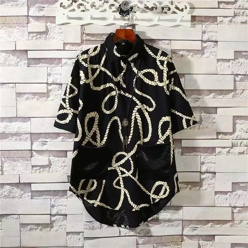 

Летняя новая тенденция, мужская нерегулярная блузка больших размеров с воротником-поло и принтом, асимметричная винтажная рубашка, топы, модная повседневная мужская одежда