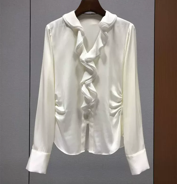 Top Quality New Silk Blouse Shirts 2026 Autumn Women Sexy V-Neck Ruffle Floral Long Sleeve Solid White Black Elegant Silk Tops