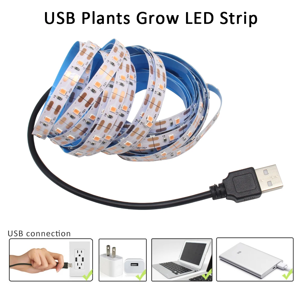 5V 2835 USB LED Grow Strip Light Full Spectrum Plant Growing Tape Lamp for Vegetable Flower Greenhouse Cultivo 1M 2M 3M 4M 5M