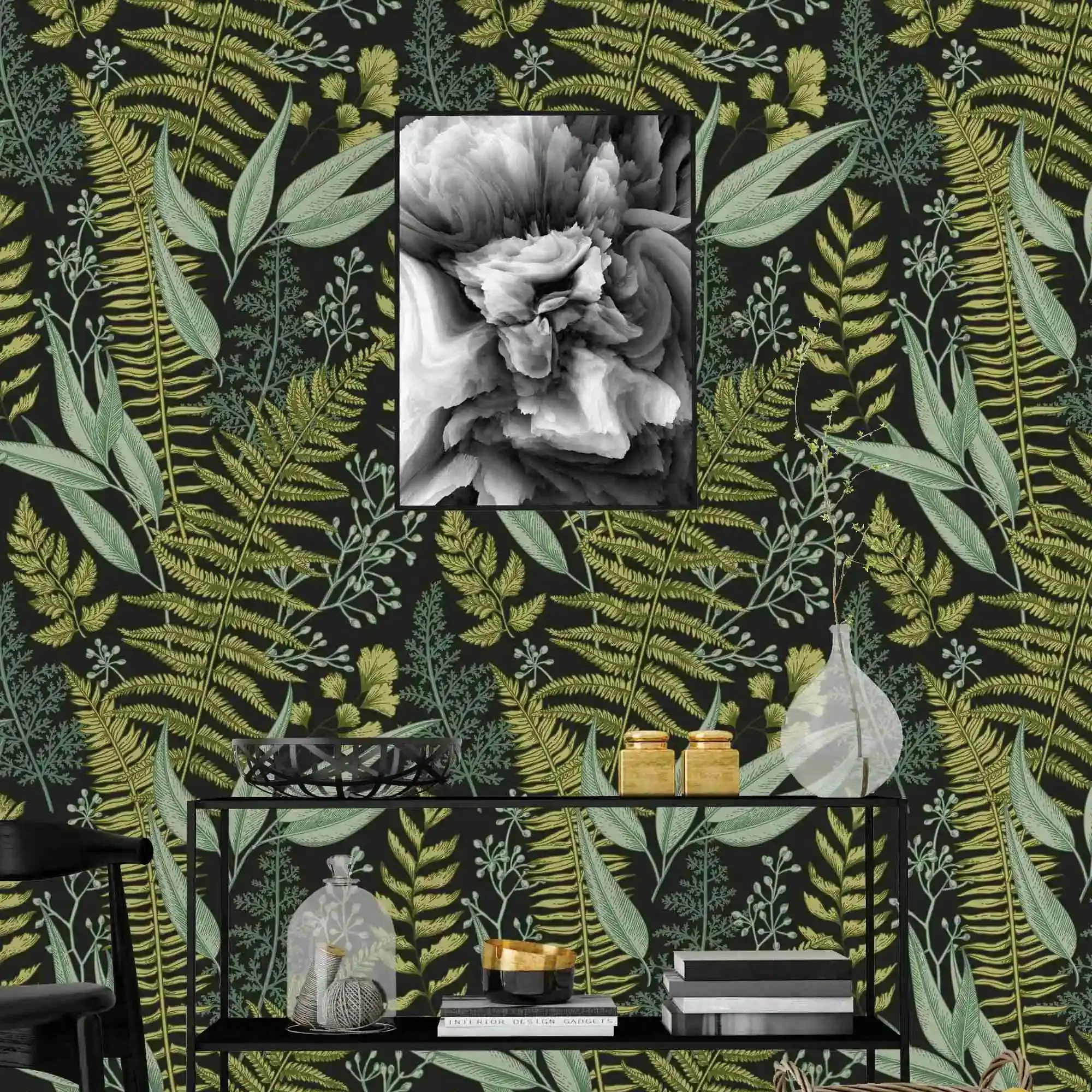 Peel and Stick Wall Sticker, Hand drawn tropical fern plants wallpaper with balck back, Removable Tropical Wallpaper