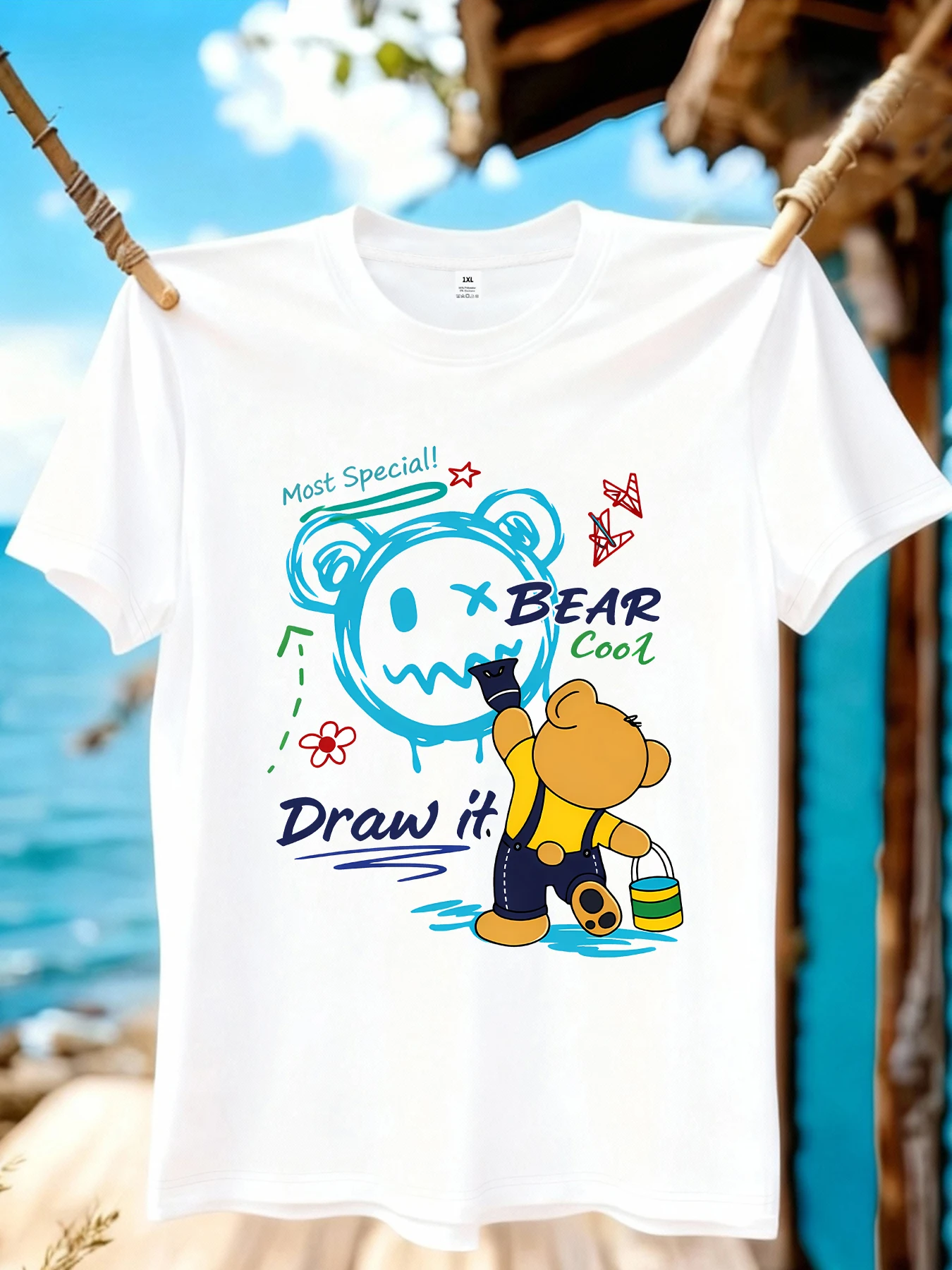 

【WZM10994】Creative teddy bear print plus size women's round neck summer casual short sleeved street fashion versatile T-shirt