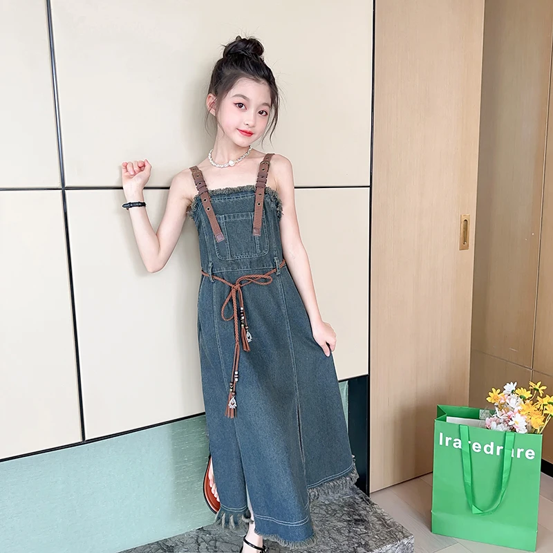 

Girls Summer Retro Denim Sling Dress New Childrens Personalized Tank Top Dress Princess Birthday Ball Trendy Cool Dress Clothing