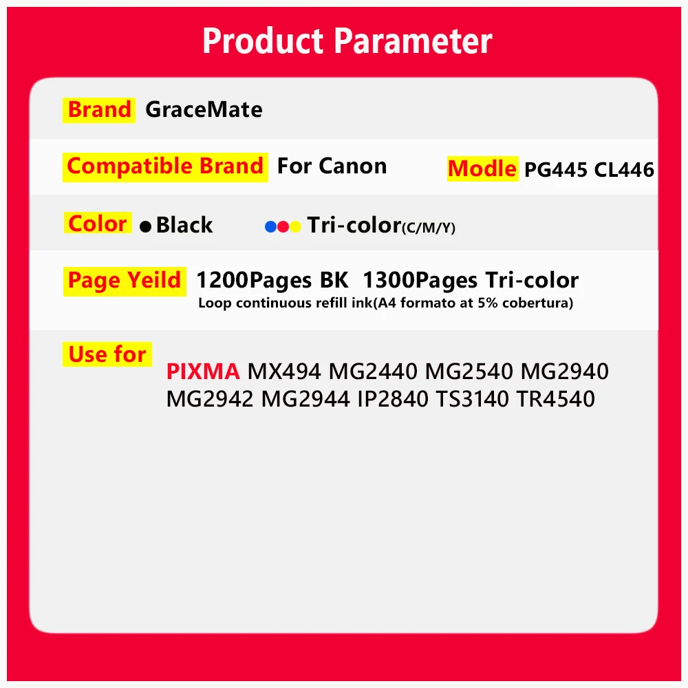 PG 445 PG445 pg445 PG-445 CL-446 CL 446 cl446 Refillable Ink Cartridge for Canon PIXMA MX494 MG2440 MG2540 MG2940 IP2840 TS3140