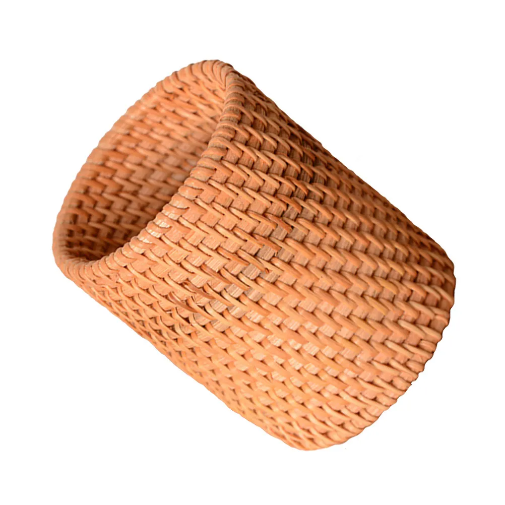 Handwoven Rattan Circular Pen Holder Desktop Storage Bin for Pens Brushes Makeup Tools Office Supplies Desk Organizer Pencil