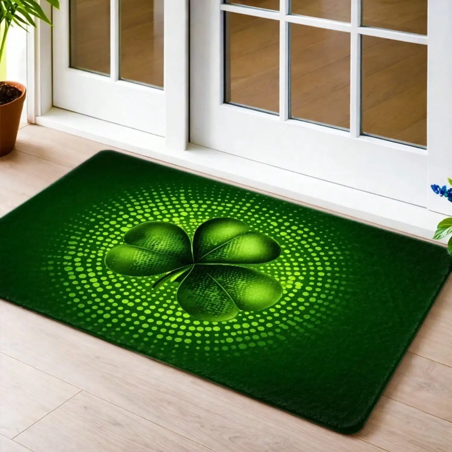 1pc, St. Patrick's Day Four - Leaf Clover Flannel Mat, Non - Slip Rubber - Backed Doormat, Dirt - Resistant&Durable&Washable, Indoor&Outdoor Entry Rug, Suitable