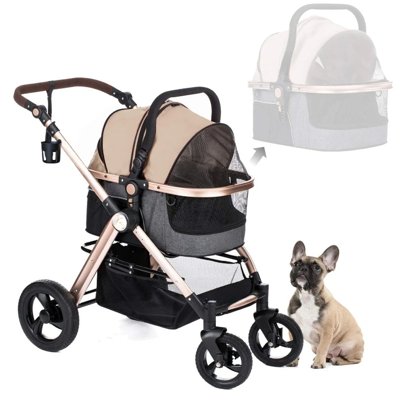 3-in-1 Luxury Dog/Cat Stroller with Detach Carrier/Pump-Free Rubber Tires/Aluminum Frame/Reversible Handle for Medium Small Pets