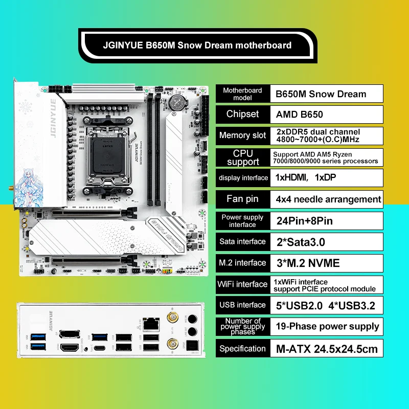 JGINYUE B650M Snow Dream AM5 Pc Motherboard Gaming Motherboard Supports Ry 7000 8000 9000 Series Processors