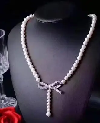 Elegant 8-9mm white freshwater pearl necklace micro inlay zircon bow clasp fashion jewelry