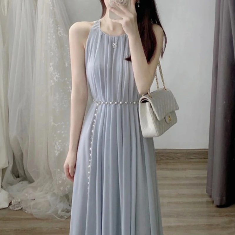 Women's French Style Romantic Blue A-Line Dress, Round Neck, Sleeveless, Elegant, Fold, Casual, Summer, 2022