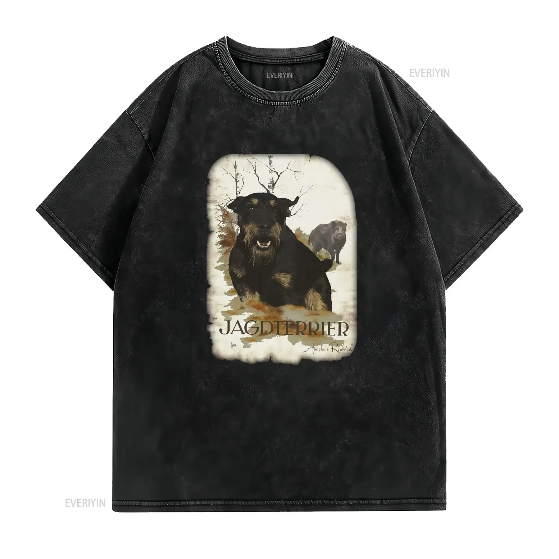 T shirt da caccia uomo Jagdterrier Apache Cane Terrier Irlandese Cinghiale Nero Casual Girocollo Vestibilità vintage Washed