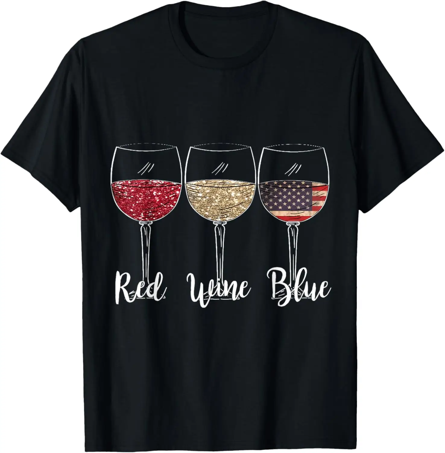 Red Wine Blue Wine Glasses USA Flag 4th of July Patriotic T-Shirt