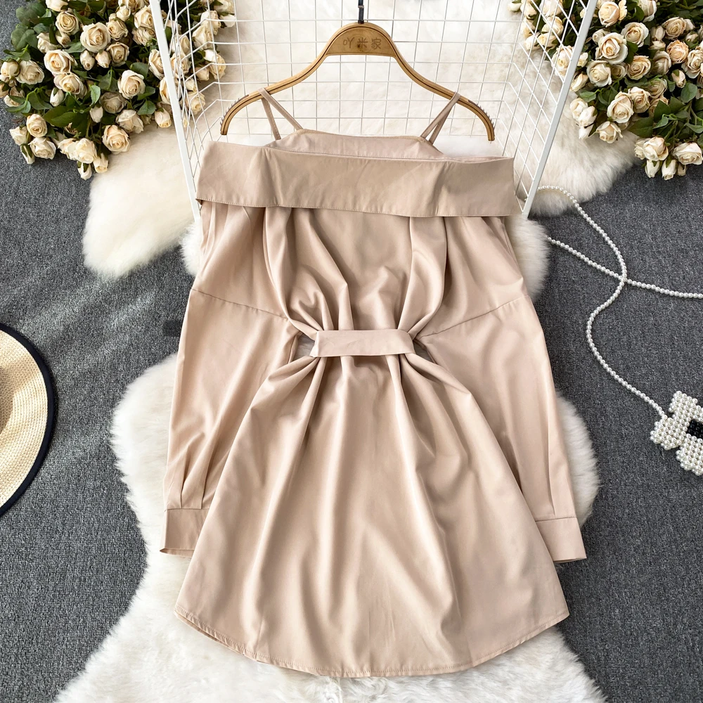 Korean Spring Autumn Off Shoulder Shirts Dress Chic Deisgn Long Sleeve Ruffles Slim Single Breasted A-line Solid Women Dress