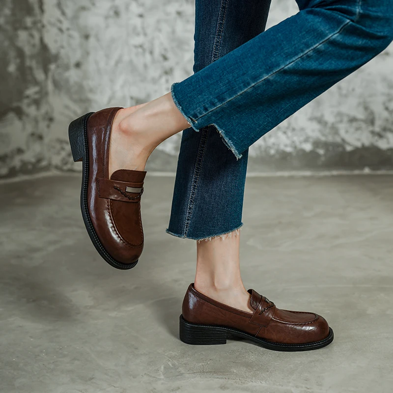 Women's Shoes Slip On Simple Fashion Girls Cozy Sneakers Spring Autumn Woman Flats Cowhide Flats Handmade Vintage Footwear