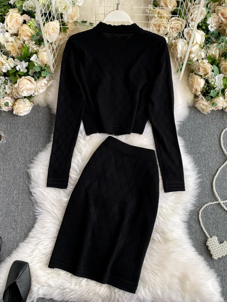 Black long sleeve buttons sweater top and skirt suits women knitted two piece set New autumn fashion ladies club outfits