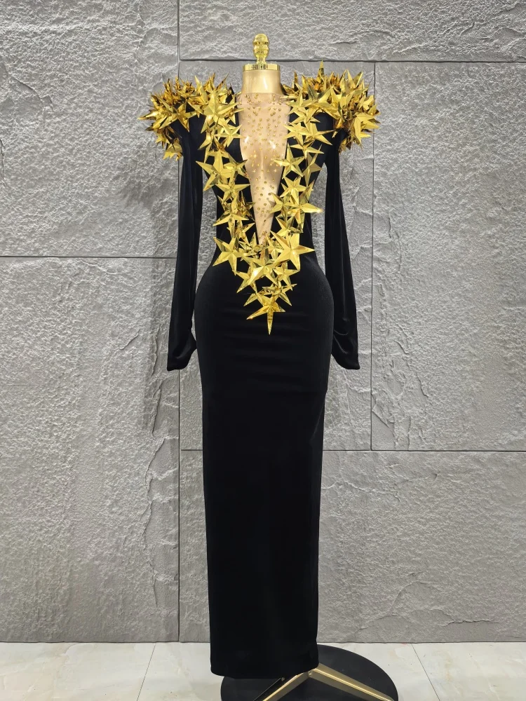 

Black Color Women Long Sleeve Sexy Shinning Golden Florals Velvet Bodycon Long Dress Elegant Evening Party Celebrate Dress