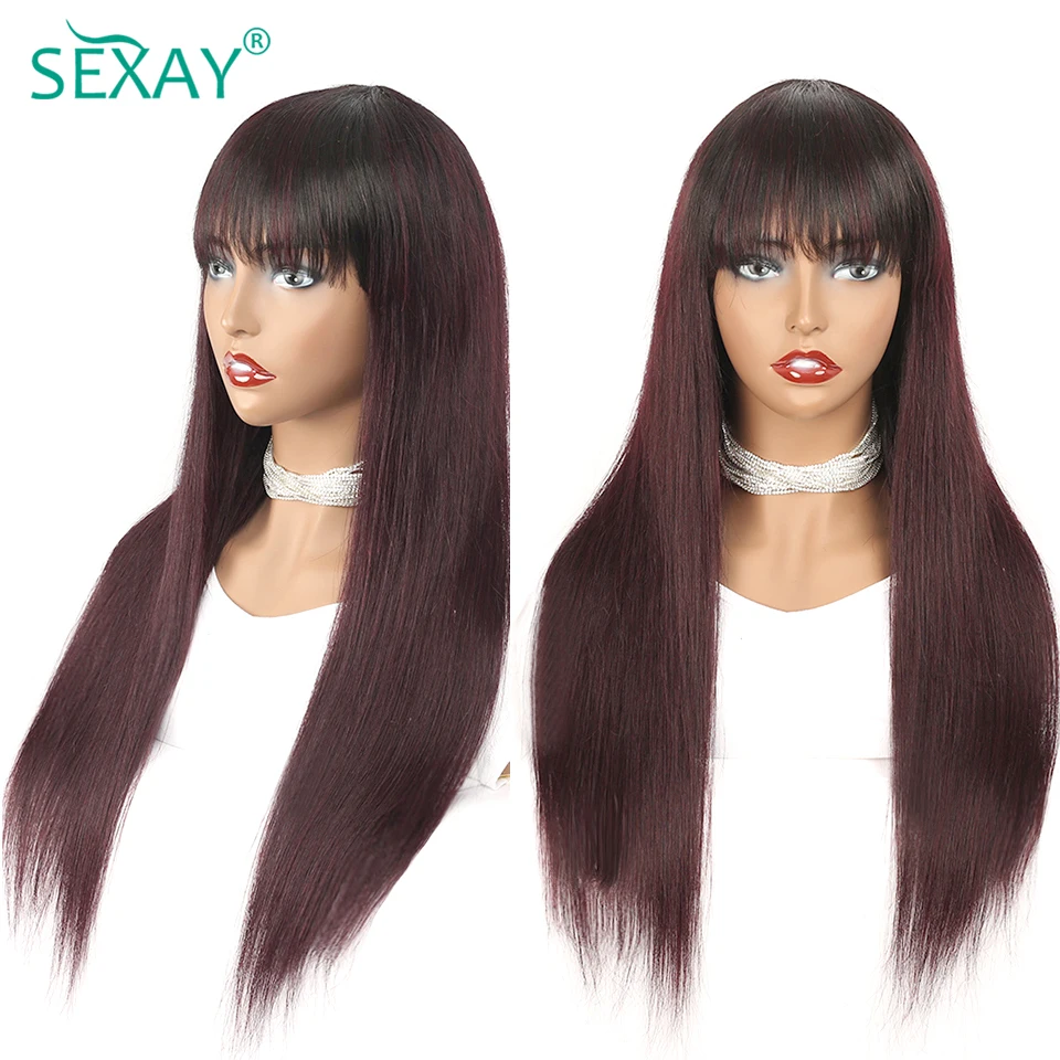 Ombre Dark Burgundy Human Hair Wigs With Bangs Machine Made 1B 99J Pre Colored Fringe Wig Brazilian Straight Human Hair Bang Wig