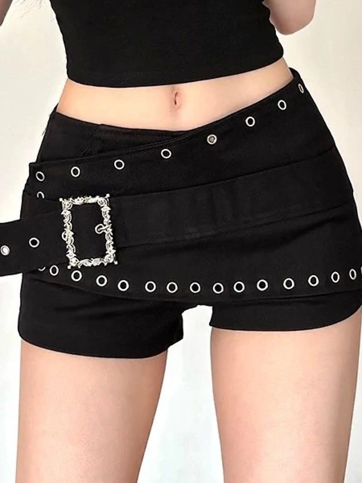 Low Waist Button Belted Faux Two-Piece Pants Skirt Women's Sexy Black Ultra-Short Shorts Tummy Control High Waist Design